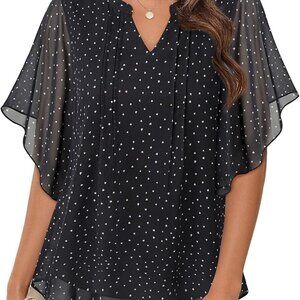 Womens Blouses Dressy Casual V Neck Chiffon Ruffle Short Sleeve Shirts Double La